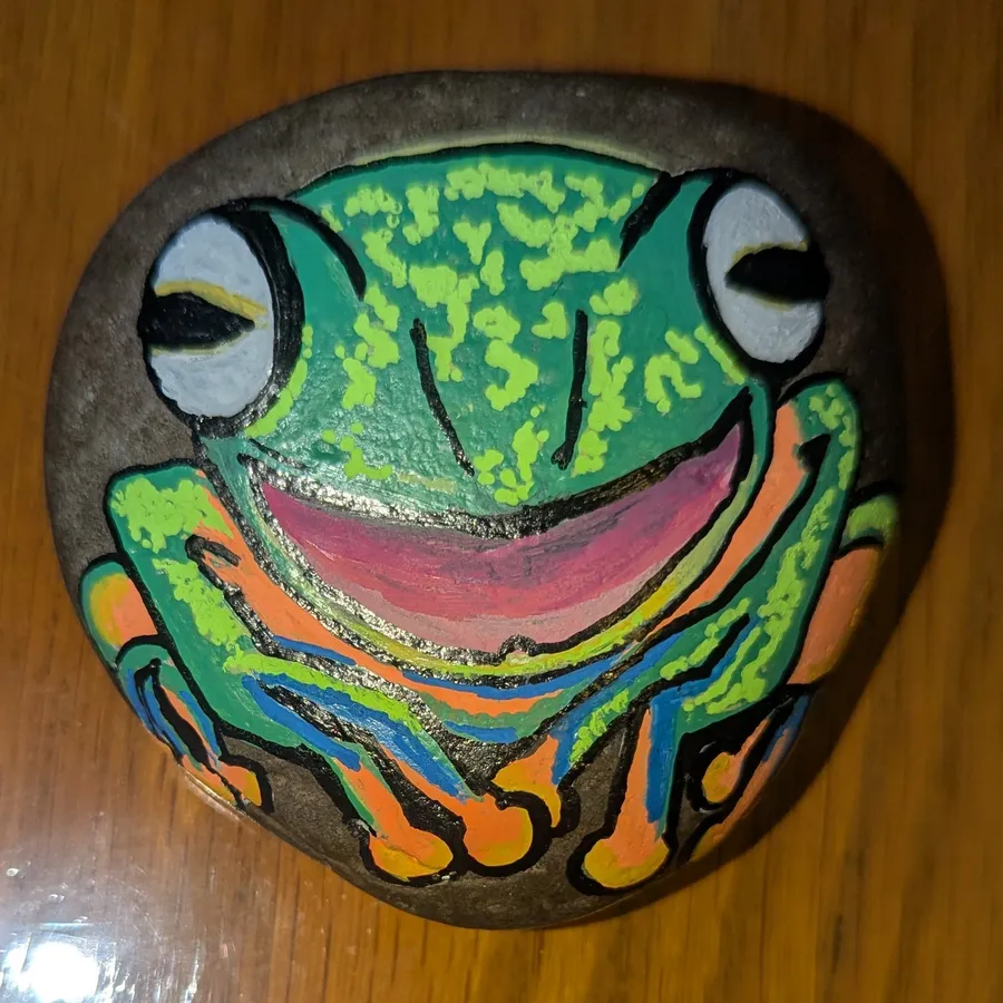 A dark stone painted with a grinning bright-green tree frog with bulging eyes and orange toes.